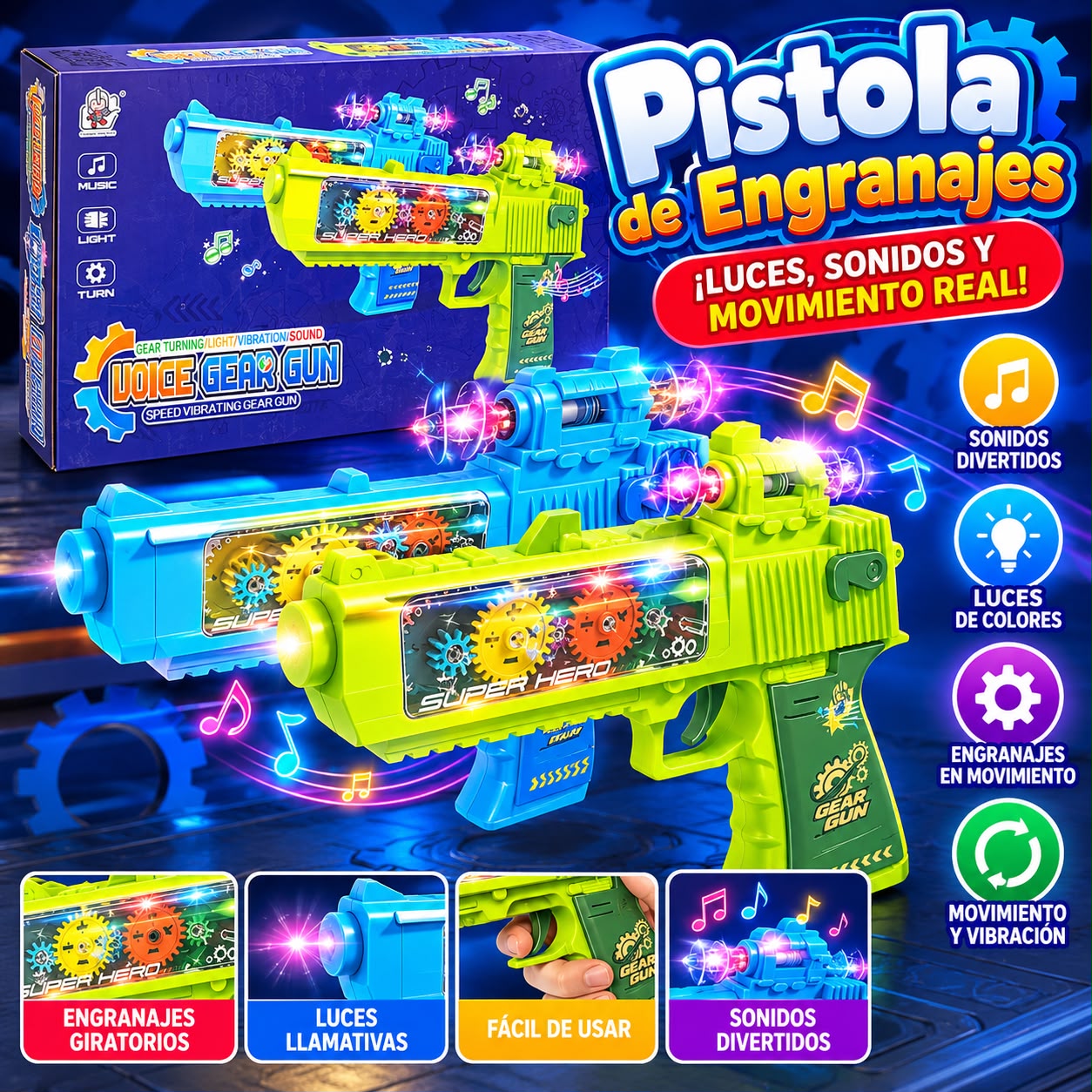 Pistola de engranajes con luces y sonidos