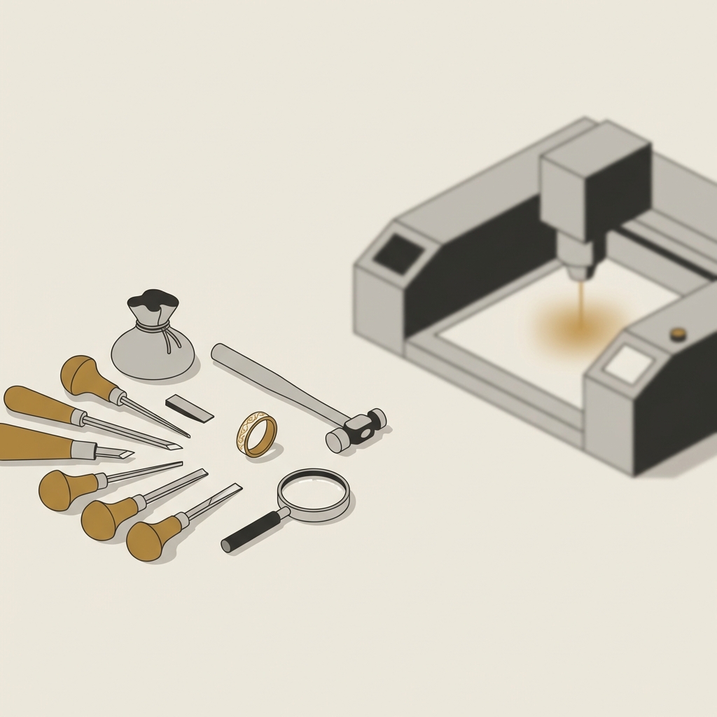 Minimalist 2D vector of an engravers bench with hand tools on the left and a laser machine softly blurred behind conveying method comparison with a small faun engraved ring sketch on the bench