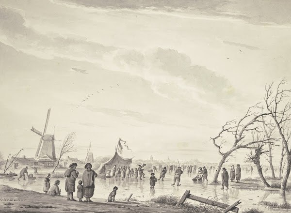 Winterlandschaft mit vielen Schlittschuhläufern und Zelten auf dem Eis bei einer