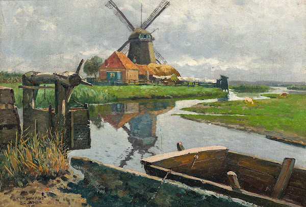 A Dutch windmill by the stream 1925