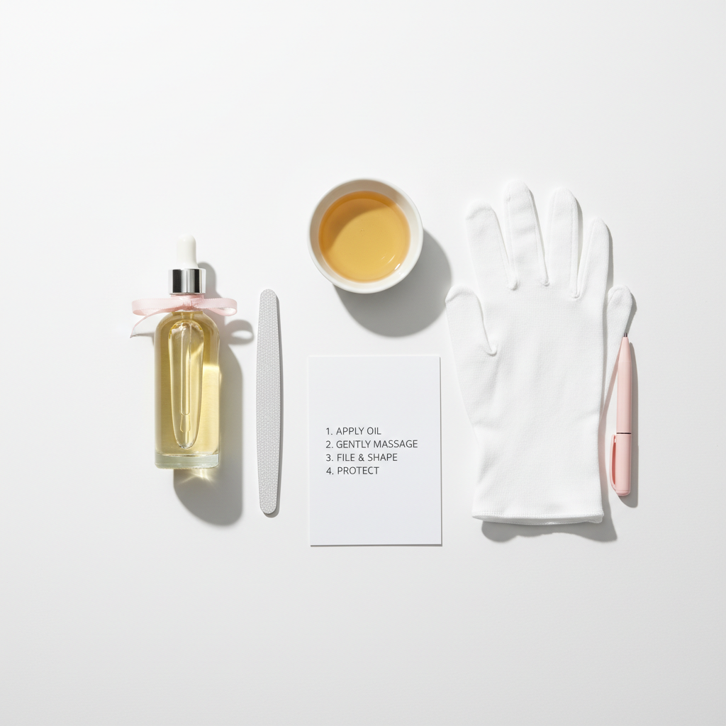 Flatlay Nagelpflege mit Nagelhautöl, feiner Nagelfeile, Baumwollhandschuhen, kleiner Schüssel mit warmem Öl und Notizzettel – Anleitung zum Nägel weich machen.