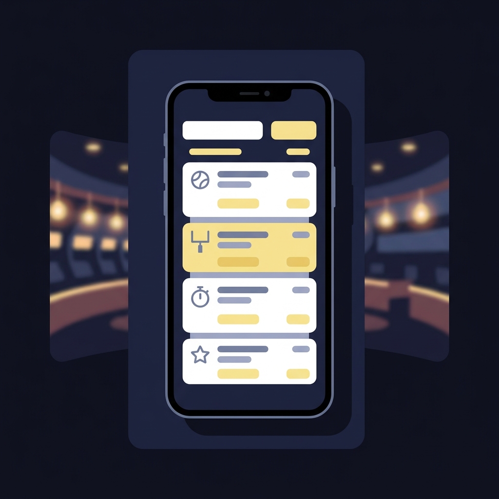Minimalist vector phone showing a sports betting parlay ticket on screen with a softly blurred flamingo sports book interior background in dark Funded Plays brand colors