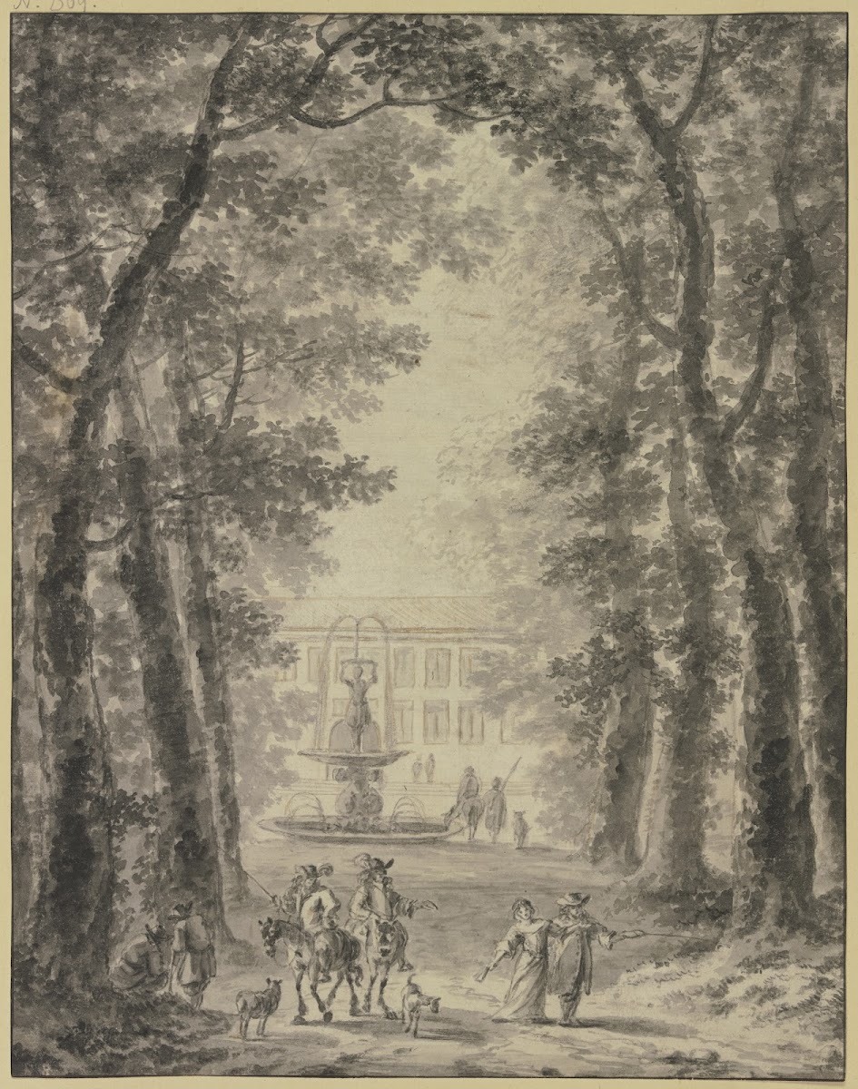 Parkanlage Mit Schloß Und Springbrunnen Vorne Zwei Reiter Und Einige Andere Figu