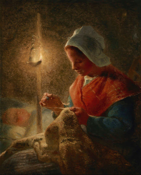 Woman Sewing by Lamplight circa 1870 1872