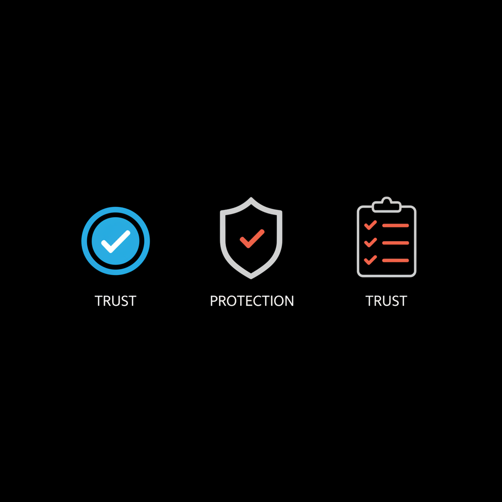 Minimal vector infographic of a blue verification badge, shield icon, and checklist with small labels 'protection' and 'trust' on black background illustrating Instagram verification benefits.