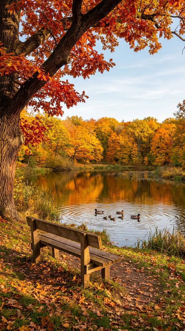 Serene Autumn Park Scene with Pond Ducks and Red Oak Tree - Free 4K mobile Wallpaper