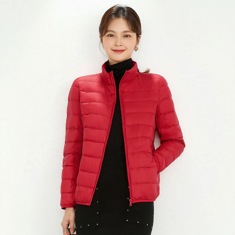 Lightweight down jacket for women, stand-up collar, white, duck down