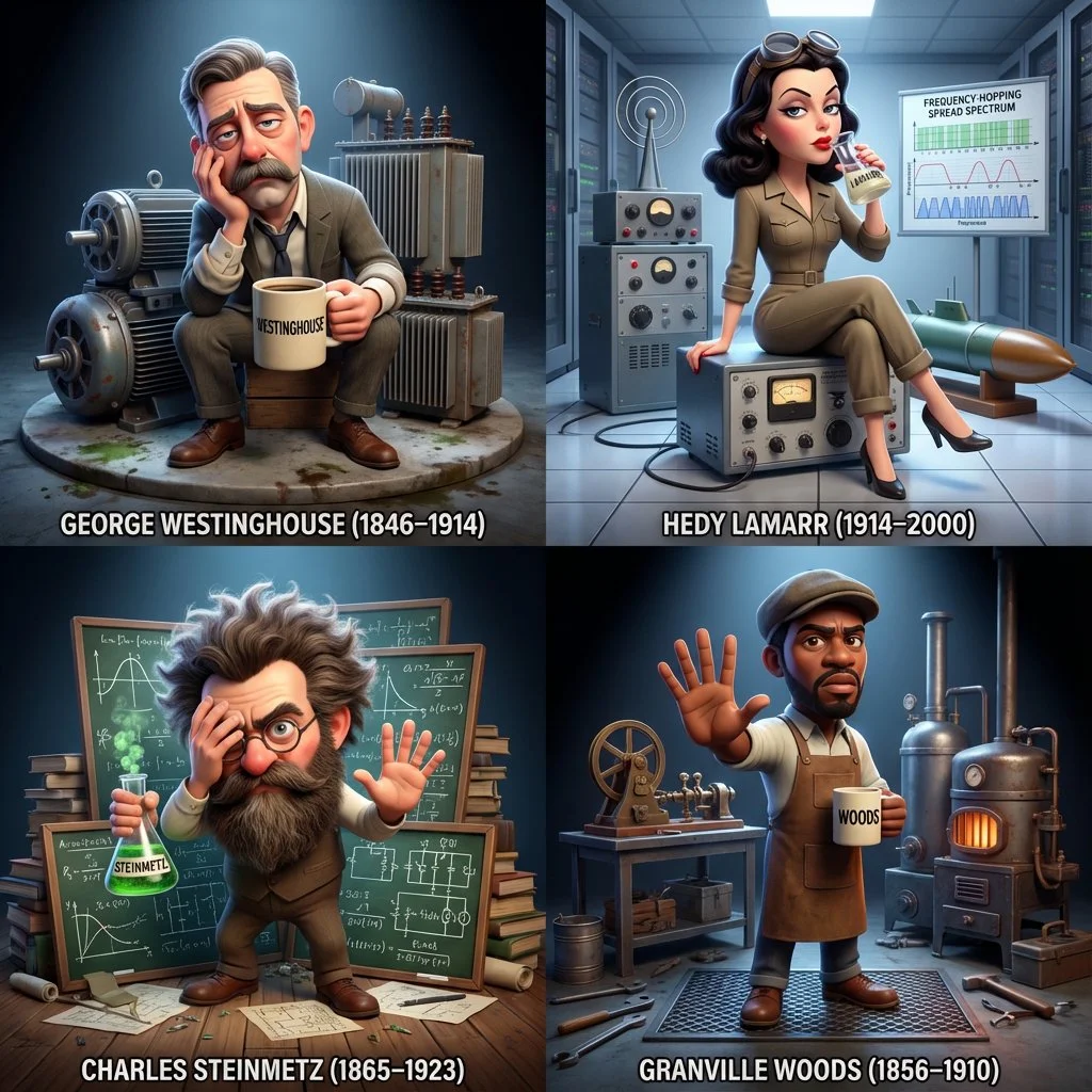 Genera una cuadrícula de 2x2 de dioramas de personajes en 3D al estilo Pixar que destaquen a contemporáneos olvidados.