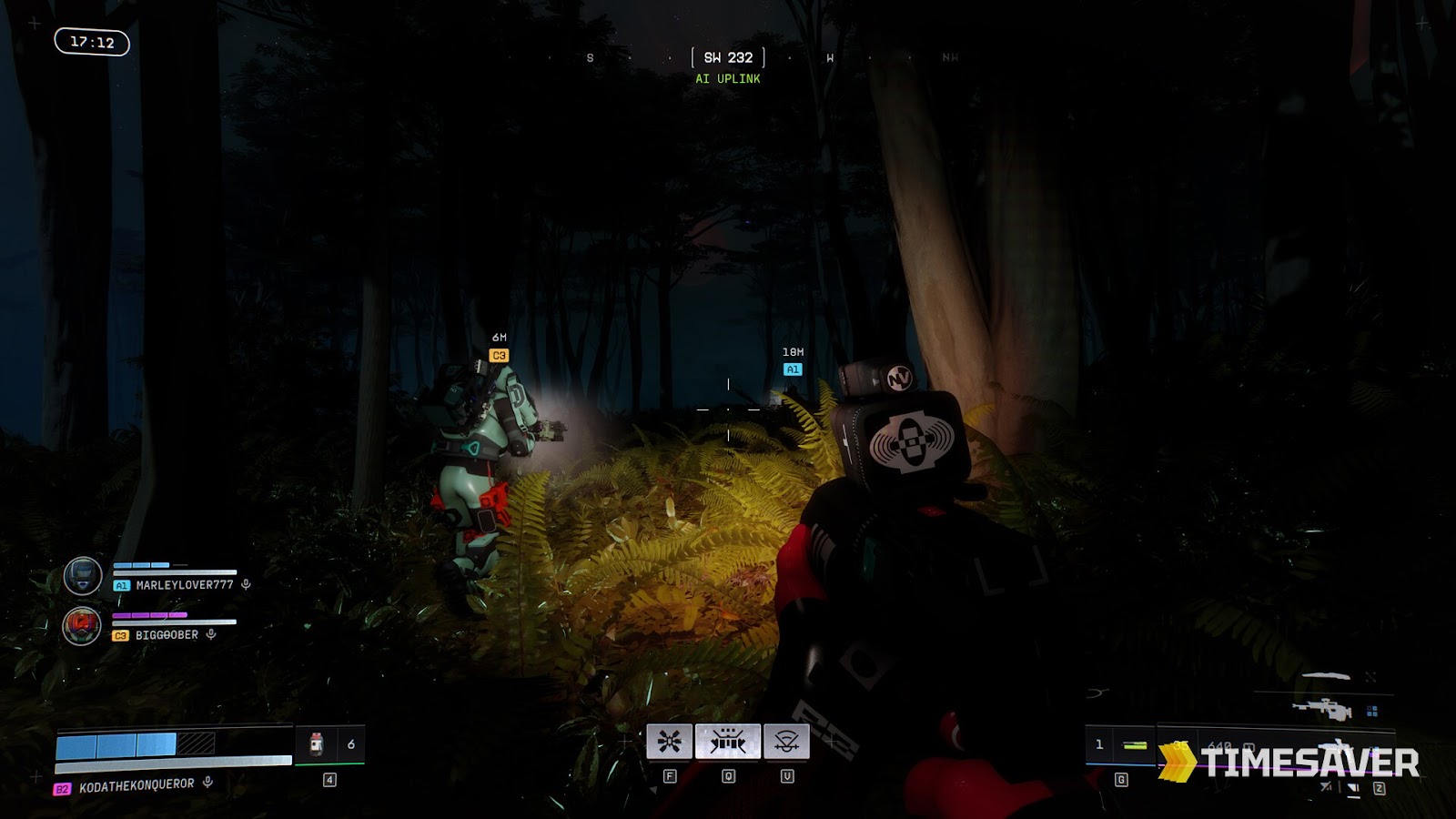 A Marathon Runner in stylized sci-fi armor exploring a vivid alien colony environment