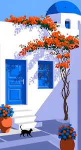 Stylized Greek Island Scene with Blue Dome and Cat