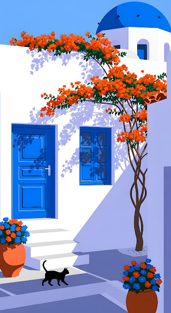 Stylized Greek Island Scene with Blue Dome and Cat - Free mobile Wallpaper