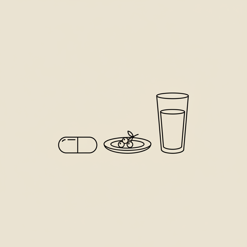 Minimalist line illustration of a capsule, small plate of berries, and thin water glass on beige background evoking supplements and daily weight-management rituals — how much does lumen cost a month