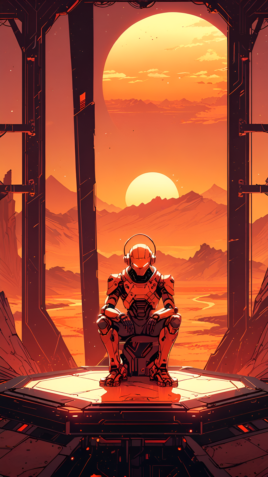 Solitary Robot Meditating on Mars Alien Desert Sunset - Free 4K mobile Wallpaper