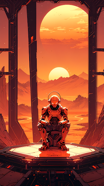 Solitary Robot Meditating on Mars Alien Desert Sunset - Free mobile Wallpaper