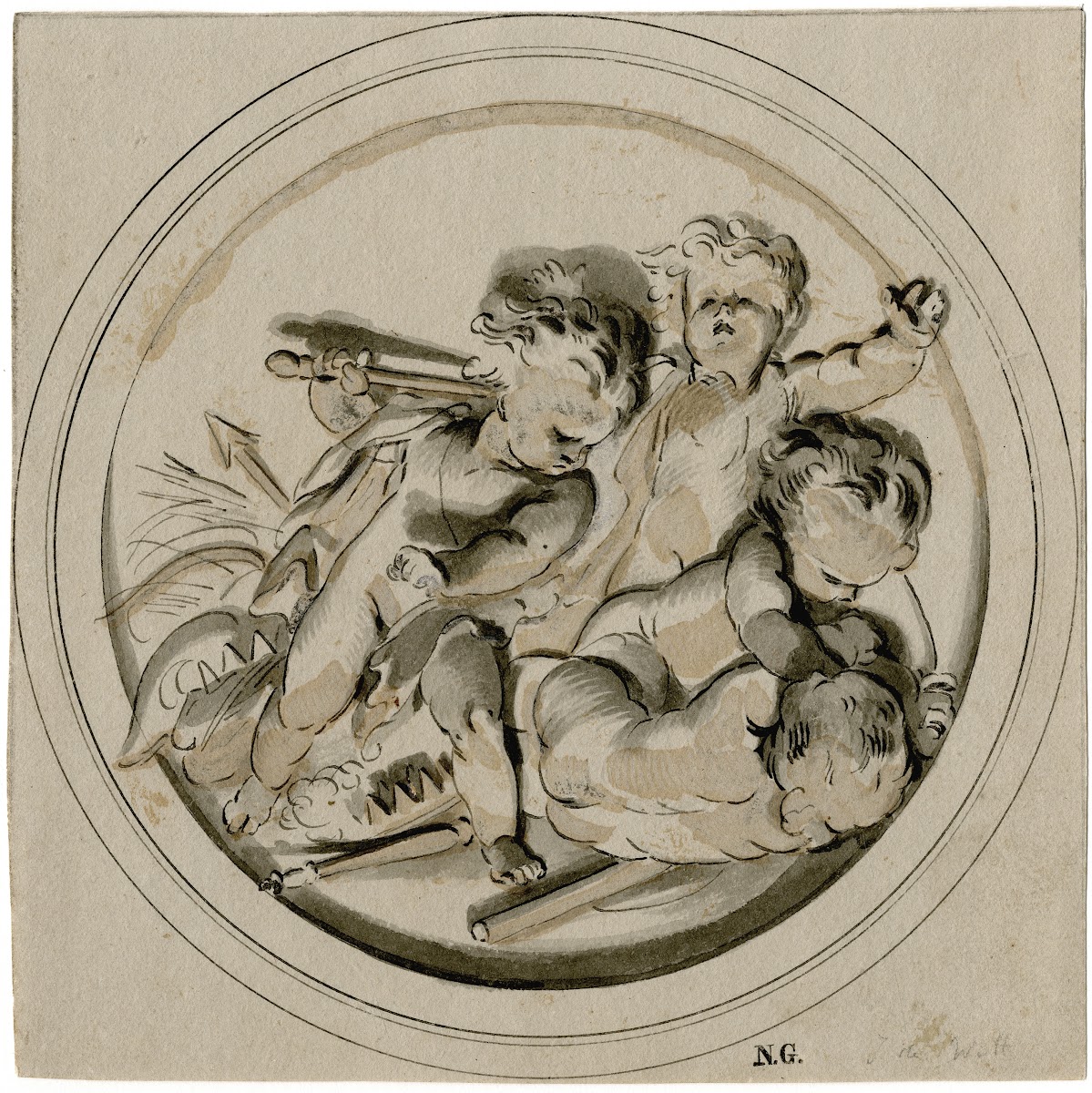 Stoeiende putti in een medaillon