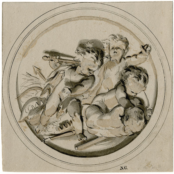 Stoeiende putti in een medaillon