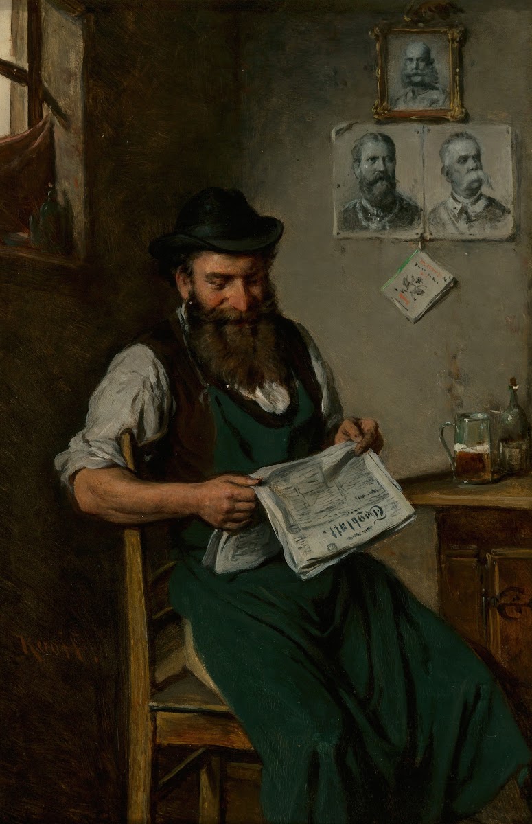 A tradesman reading a newspaper 1891