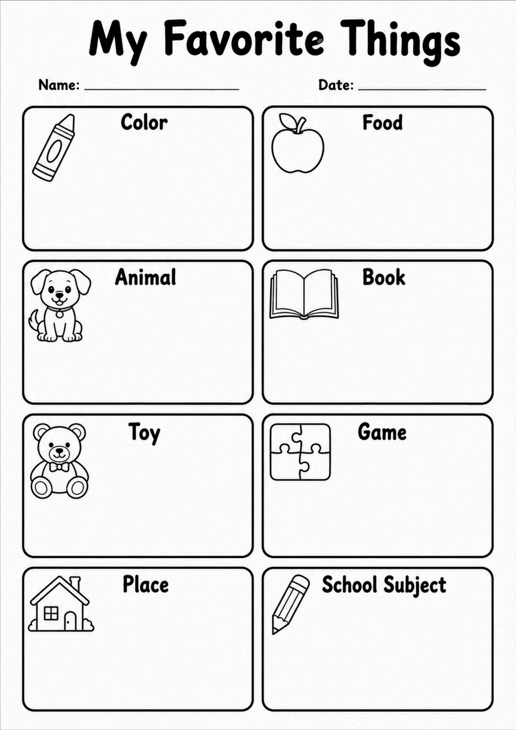 My Favorite Things Activity Worksheet