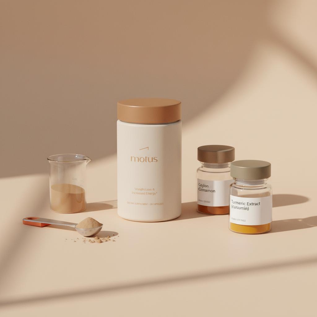 Tonum Motus jar with labeled jars 'Ceylon Cinnamon' and 'Turmeric Extract (curcumin)', lab beaker and measuring spoon on beige background — cinnamon vs turmeric for diabetes