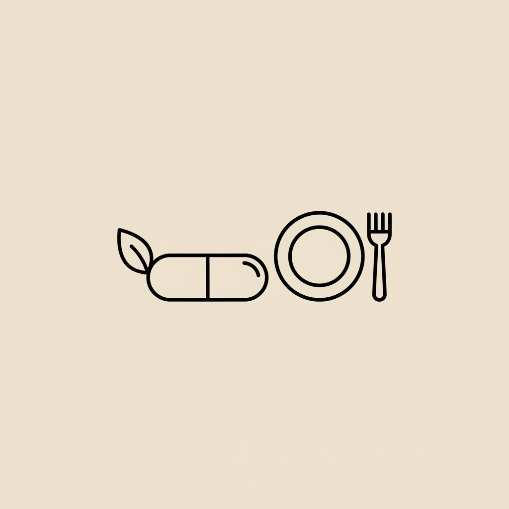 Minimal Tonum-style line illustration of a capsule, leaf, and plate with fork on beige background, representing fat supplements, natural ingredients and mindful eating.