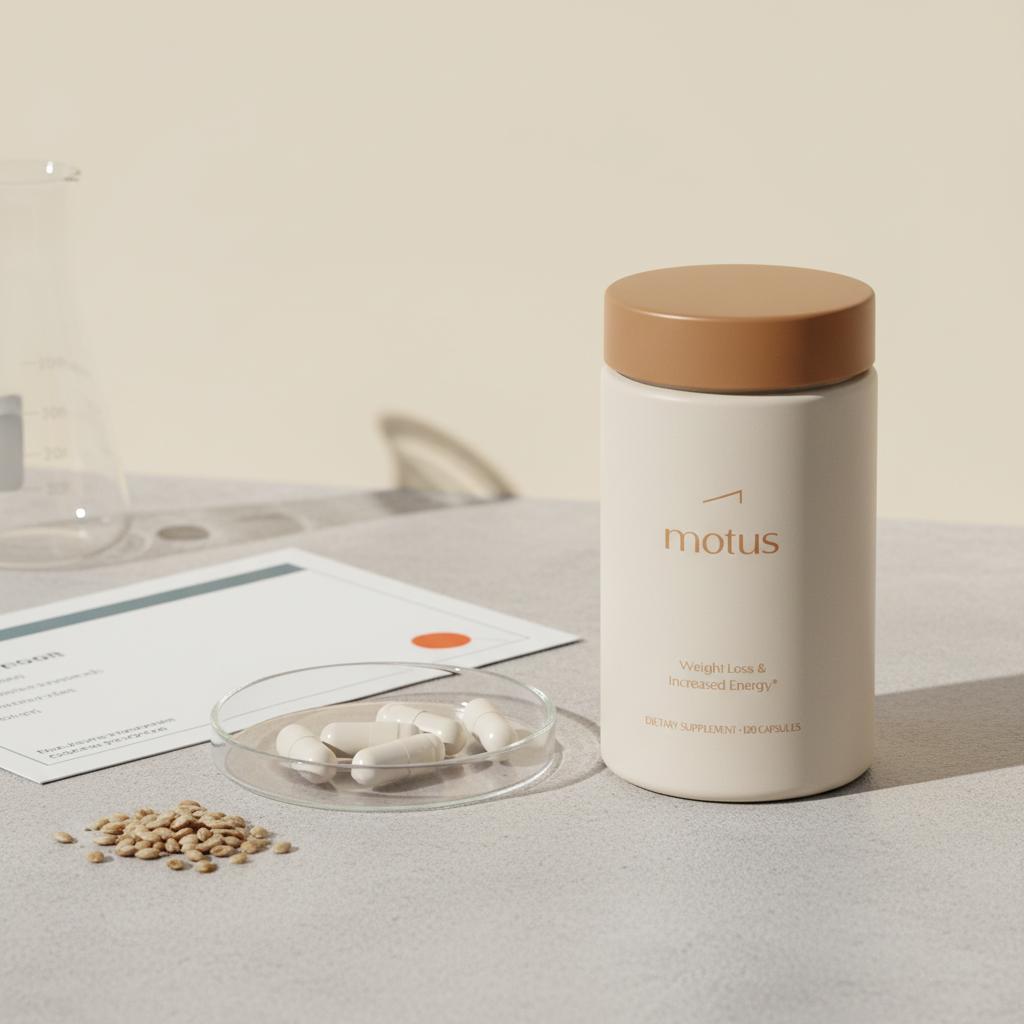 Minimal lab-style product scene showing Tonum supplement container with milk thistle seeds, a petri dish of phytosome capsules, research sheet and beaker, highlighting siliphos benefits