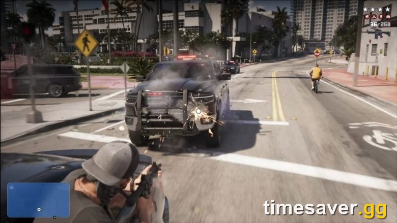 GTA 6 police chase in Leonida, a getaway car sliding through a turn as cruisers pursue