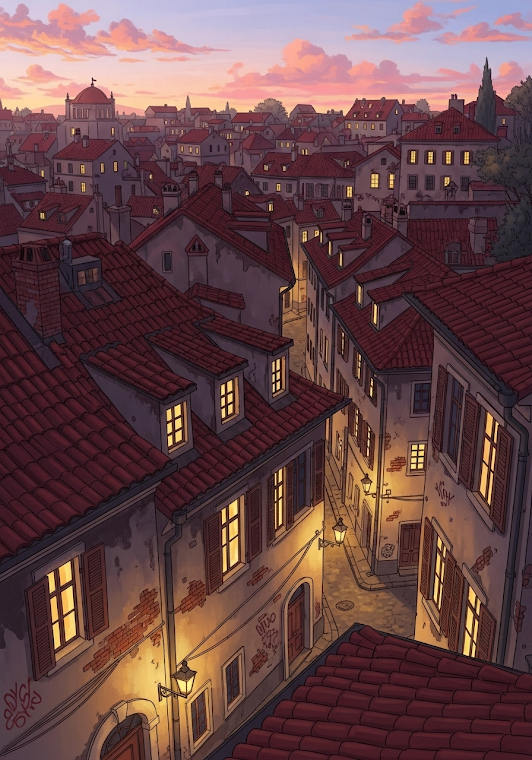 Charming European Old Town Sunset