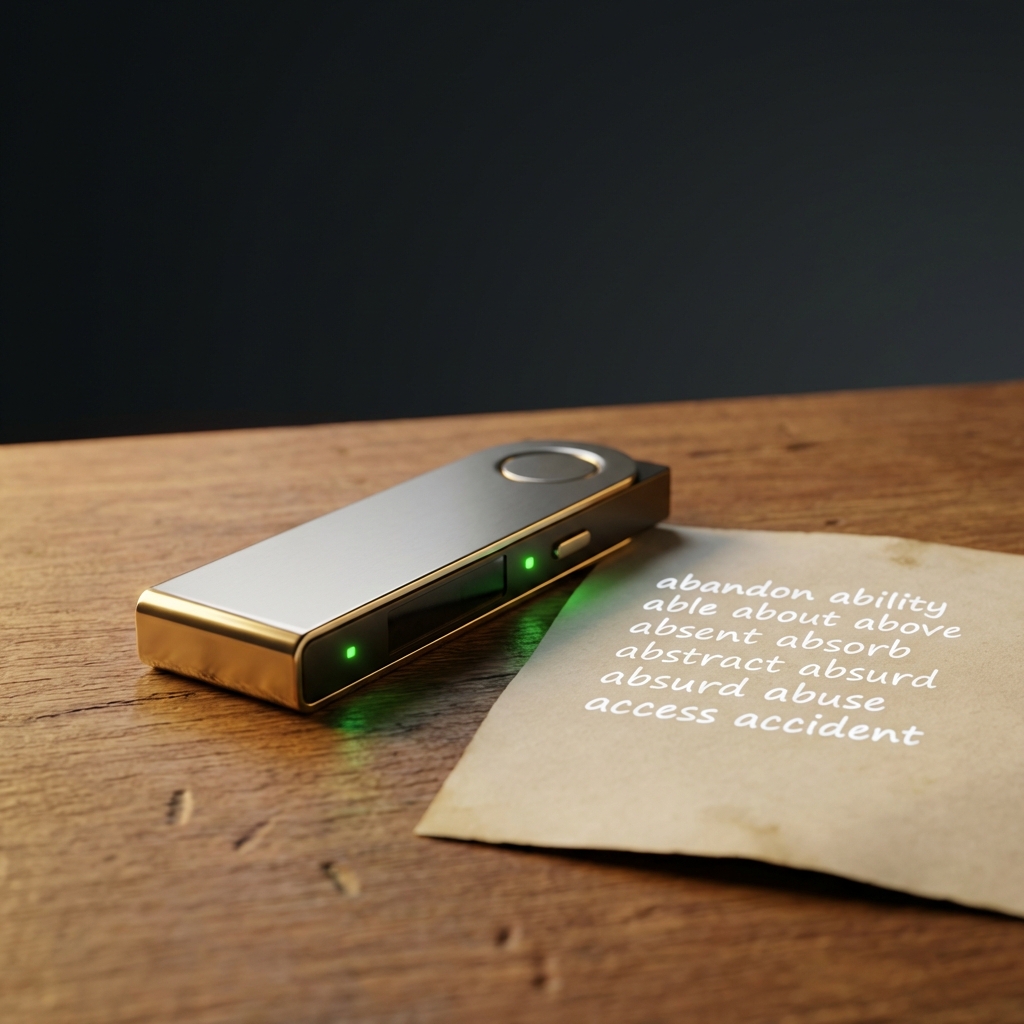 Close up hardware wallet on wooden desk with handwritten seed phrase nearby demonstrating Fidelity crypto custody safety with deep charcoal background green and gold brand accents