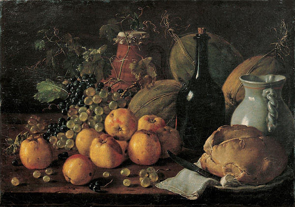 Still Life with Apples Grapes Melons Bread Jug and Bottle circa 1771