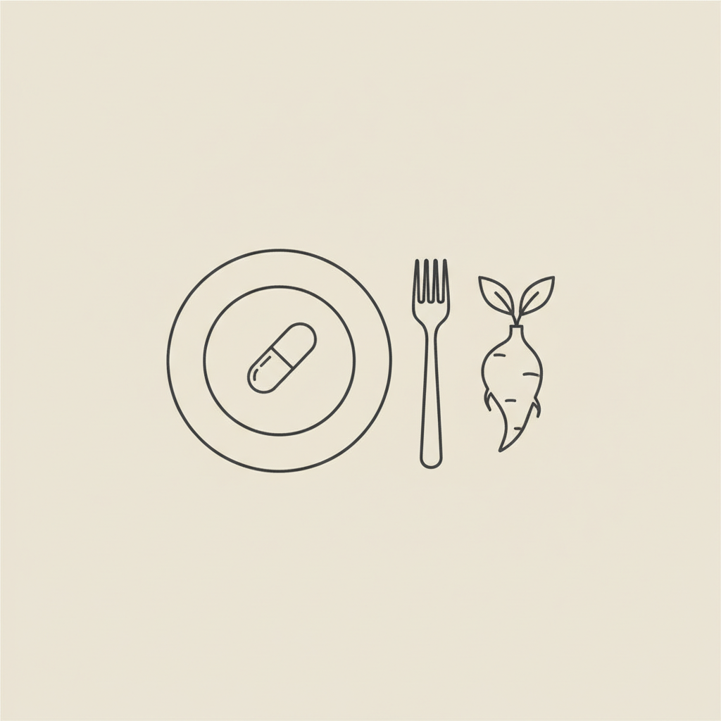 Minimalist vector line illustration of a plate, fork, konjac root and single supplement capsule representing weight loss gummies on beige background
