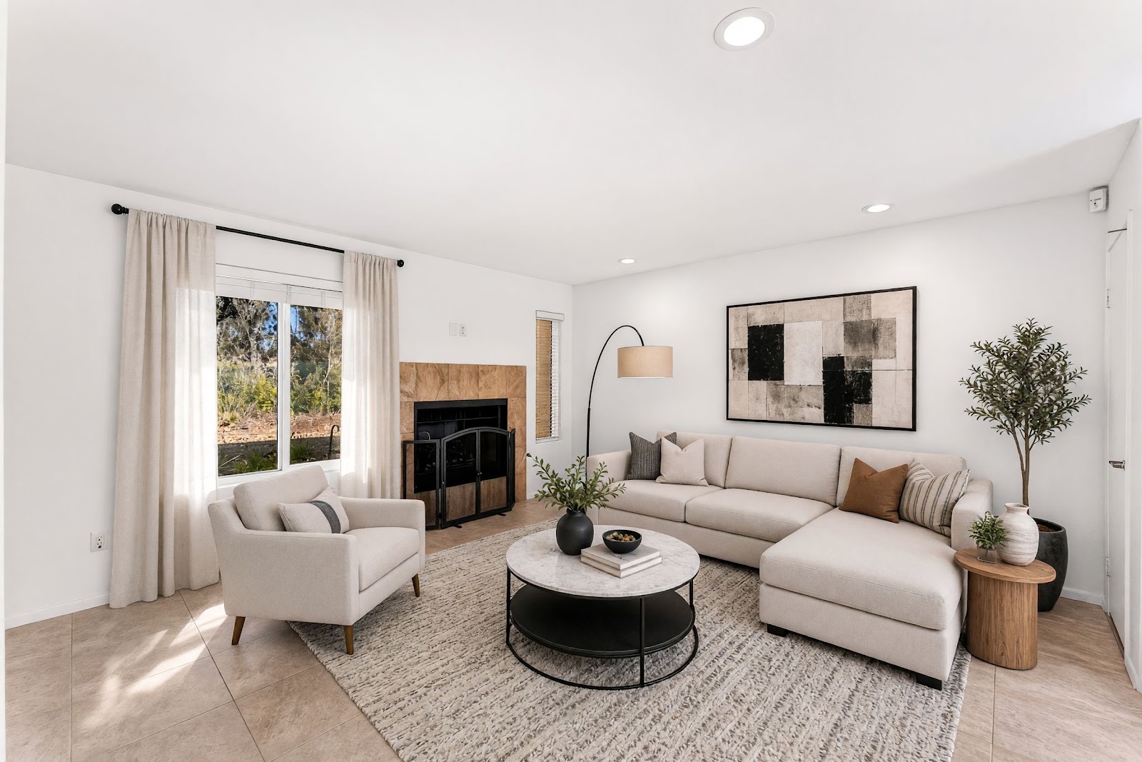 Living room with recessed lighting and large-format tile