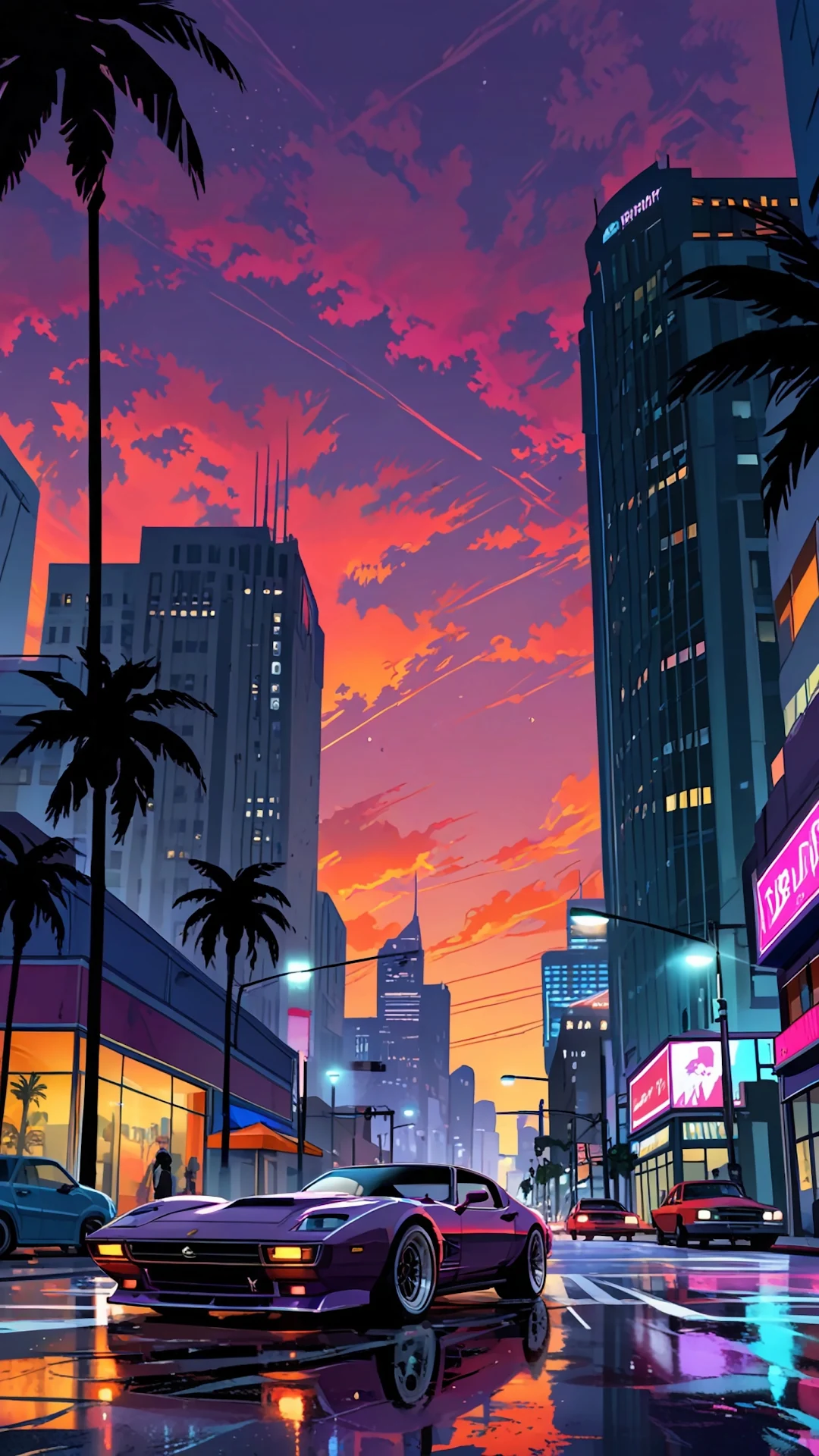 Purple Retro Car Driving Through Neon Sunset City - Free 4K mobile Wallpaper
