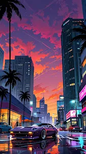 Purple Retro Car Driving Through Neon Sunset City