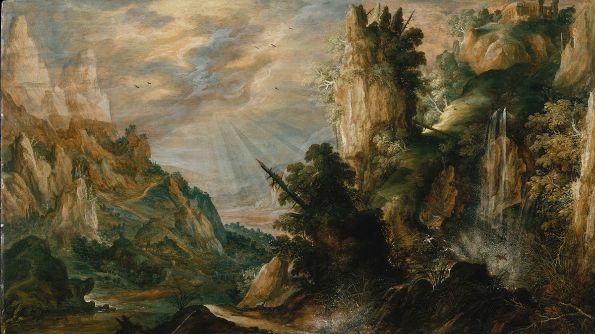 A Mountainous Landscape with a Waterfall ca 1600