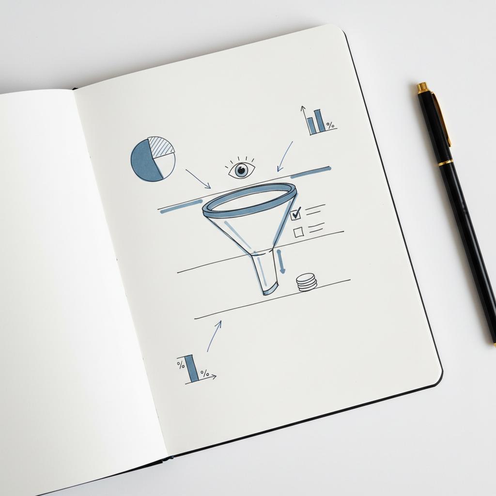 Notebook-style sketch of a three-stage marketing funnel with visual CPC and conversion annotations for Google Ads budget planning in Agency Visible minimal style