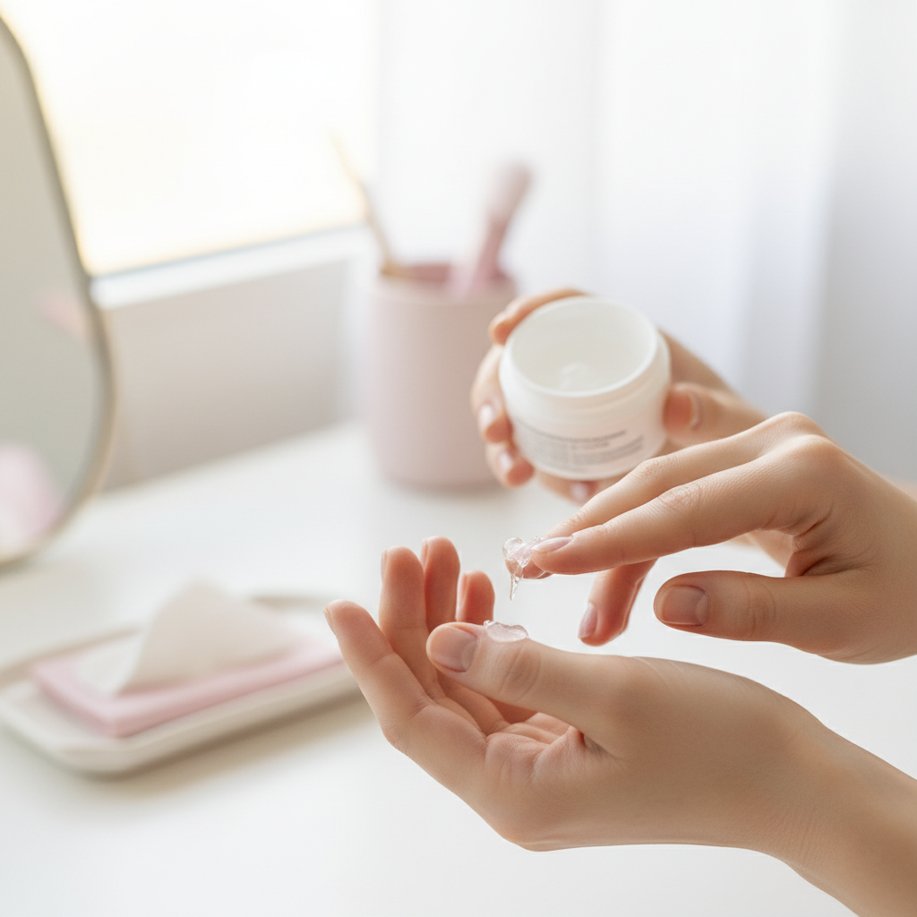 Nahaufnahme von Händen, die eine kleine Menge Vaseline für die Hände auftragen, weißer Hintergrund, unscharfer Schminktisch mit pastellpinkem Akzent.