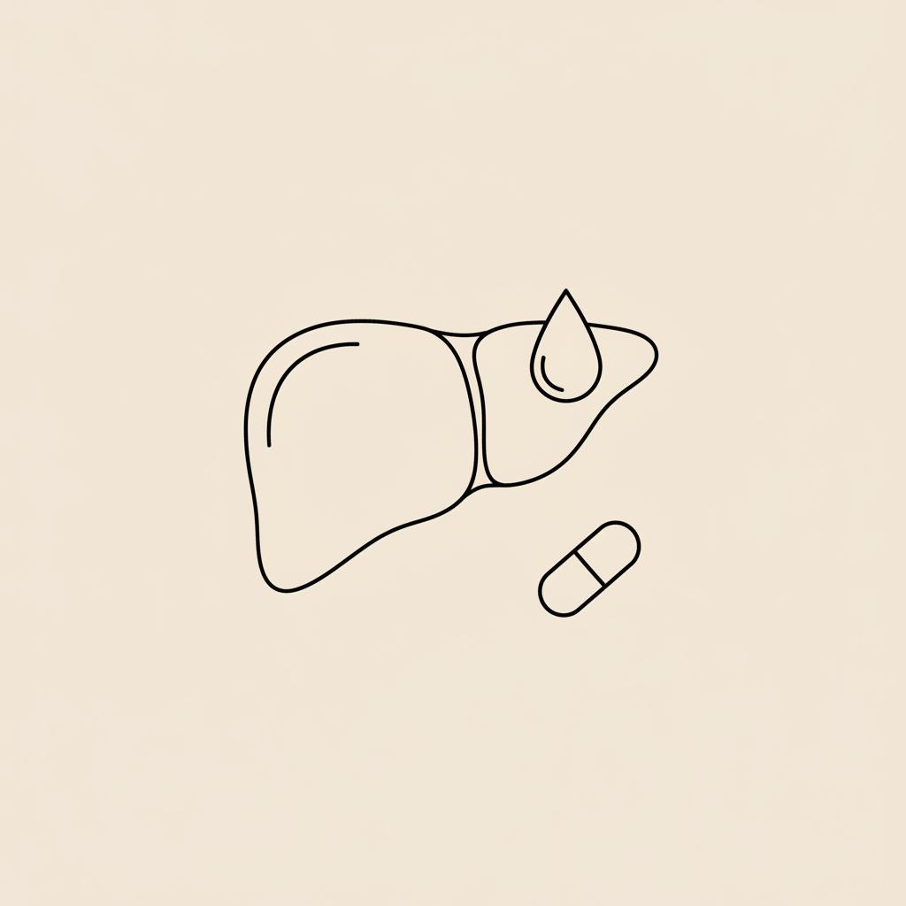 Minimalist line illustration of an abstract liver outline with a water droplet and a small capsule on a beige background, visualizing signs of a liver problem.