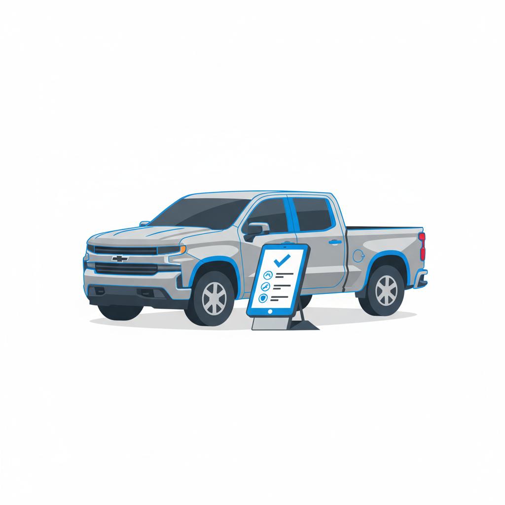 Minimalist 2D vector of a chevy silverado for sale next to a tablet showing a simplified vehicle history report icons on white background with blue accents