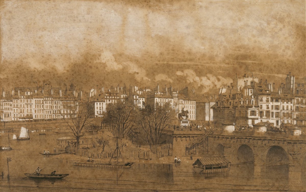 Vue de la pointe de lîle de la Cité du pont Neuf et des quais du Louvre et de la
