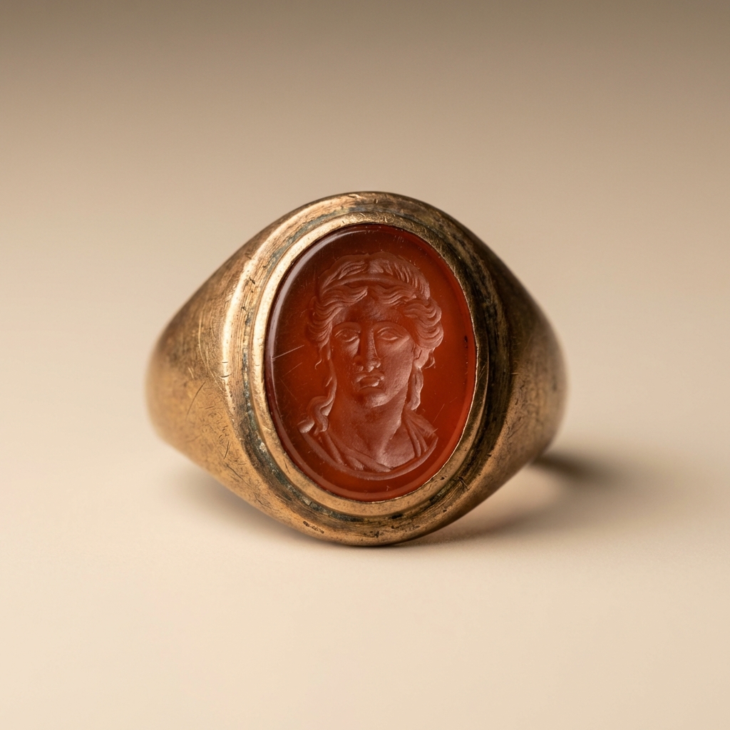 High resolution macro of antique roman jewelry carnelian intaglio set in a worn bezel side lit to reveal surface wear and tool marks on a clean beige background