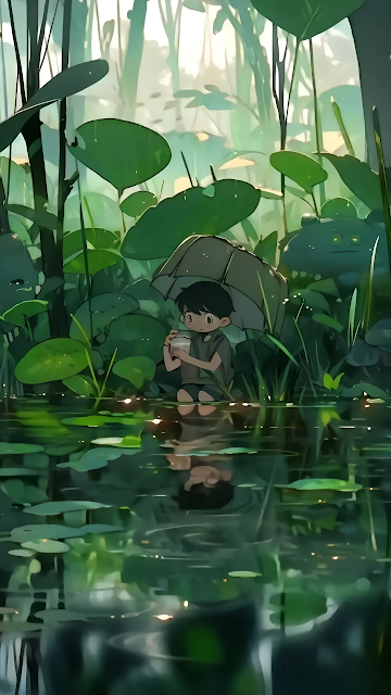 Anime Boy Under Umbrella Lush Green Jungle Pond - Free mobile Wallpaper
