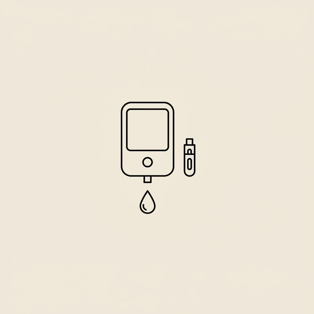 Minimal vector line illustration of a glucometer, lancet, droplet and two abstract pads suggesting the two finger trick for diabetes on a beige background #F2E5D5.