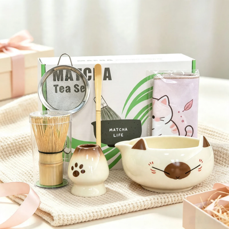 Matcha Bowl Set, Ceramic, Cat Design, Japanese