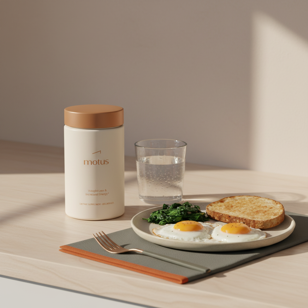 Tonum Motus supplement jar on a kitchen counter beside a whole-food breakfast (eggs, spinach, whole-grain toast) and a glass of water, minimalist morning scene illustrating causes of belly fat and healthy choices.
