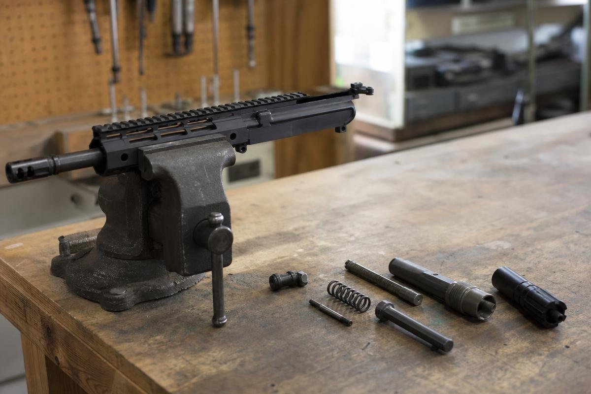 AR-15 piston assembly installation on a controlled workbench