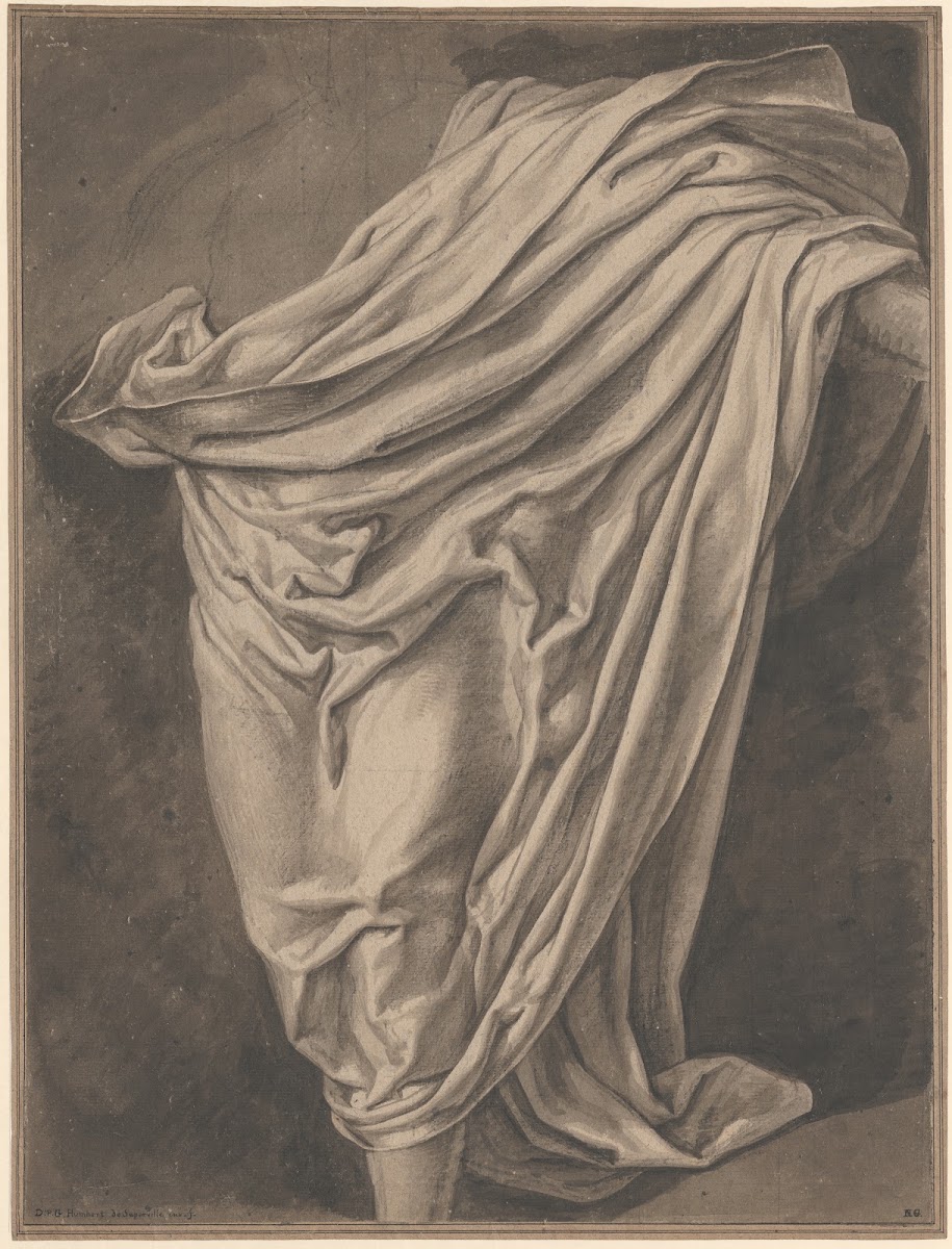 Gewaad gedrapeerd over deels getekende mansfiguur