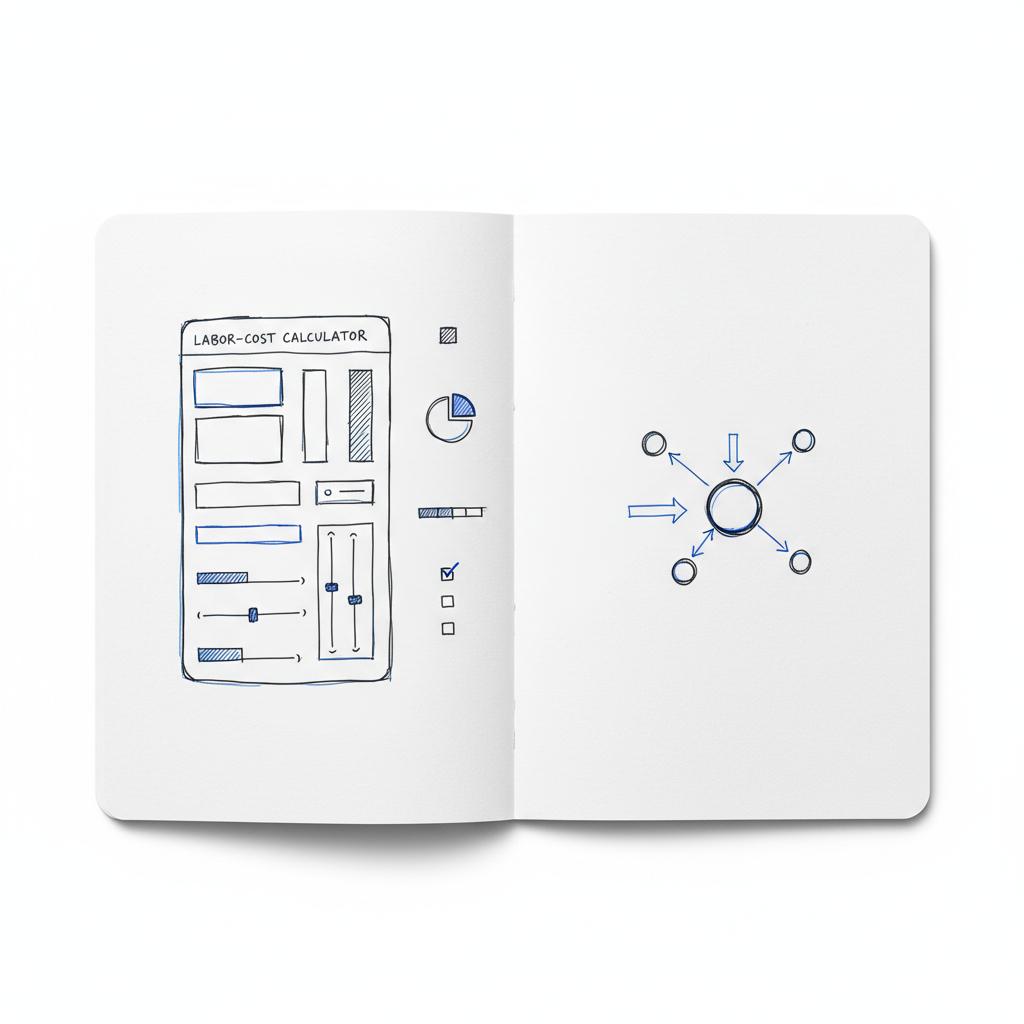 Notebook sketch of a labor-cost calculator and referral partners flowchart for accounting leads, minimalist brand-style sketches in #39383f with #1a5bfb accents