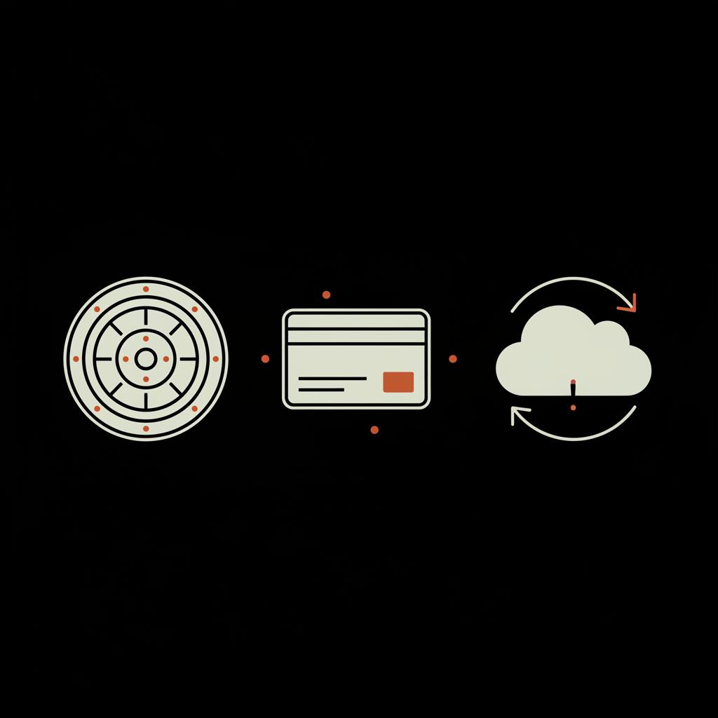 Minimal 2D vector infographic of a password manager showing a vault door, keycard, and cloud sync arrows on a black background using Social Success Hub palette — Gmail password on my phone