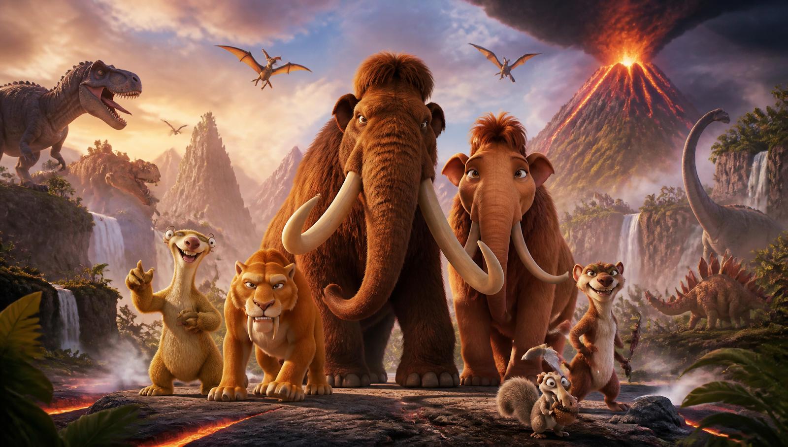 Ice Age: Boiling Point upcoming movie poster concept with Manny, Sid, Diego, and Scrat in a lava-filled Lost World setting