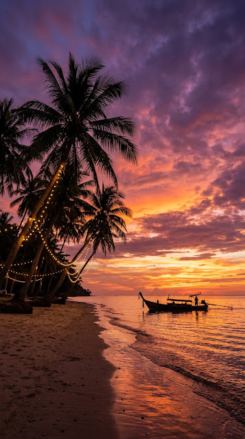 Vibrant Sunset Over Tropical Beach with Longtail Boat and Palms - Free mobile Wallpaper